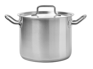 Stainless steel stockpot with lid on white background