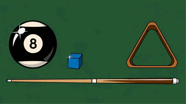 Detailed vector illustration showcasing essential billiards equipment an eight ball, a cue stick, blue chalk cube, and a wooden triangle rack. Perfect for sports and leisure game designs