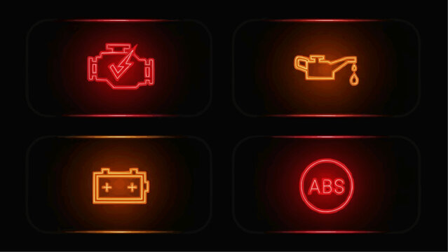 Luminous neon car dashboard warning lights set. Icons for engine, oil, battery, and ABS system. Critical vehicle alerts emphasizing safety and diagnostics