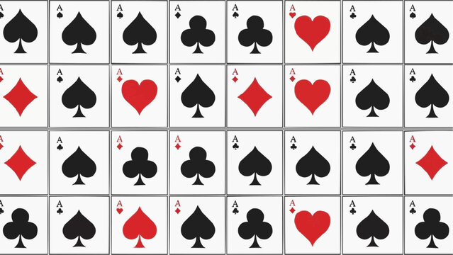 A seamless pattern of playing card suits, featuring diamonds, spades, clubs, and hearts in a repeating grid arrangement