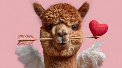 Obraz premium Cute alpaca with fluffy wings holding a red heart on an arrow in its mouth against a pink background, perfect for Valentine's Day or love-themed designs