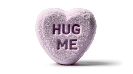 Heart-shaped lavender candy with the words "HUG ME" embossed on its surface, positioned on a white background with soft shadows creating a subtle depth effect