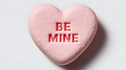 Heart-shaped pink candy with the text "BE MINE" printed in red, isolated on a light background, ideal for Valentine's Day or romantic themes and celebrations
