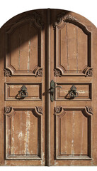 Hyperrealistic antique gothic church gate made of dark aged wood reinforced with iron bands. Tall pointed arch shape, engraved religious motifs