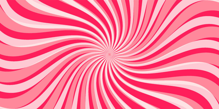 Candy color sunburst background. Abstract pink cream sunbeams design wallpaper. Colorful spinning lines for template, banner, poster, flyer. Sweet rotating cartoon swirl or whirlpool. Vector backdrop
