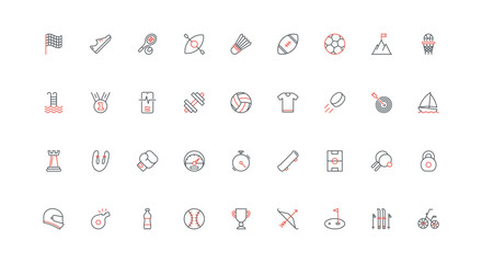 Fitness, sport equipment and trophy line icon set. Shuttlecock and dumbbell, soccer field and ball for baseball football basketball volleyball thin black and red outline symbols vector illustration © lembergvector