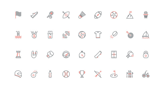 Fitness, sport equipment and trophy line icon set. Shuttlecock and dumbbell, soccer field and ball for baseball football basketball volleyball thin black and red outline symbols vector illustration