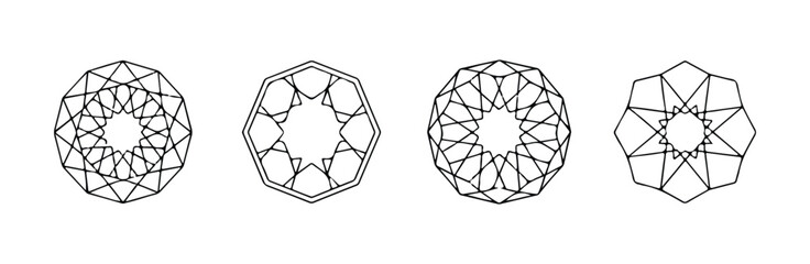 Intricate geometric flower black vector illustration set isolated on white background decorative art