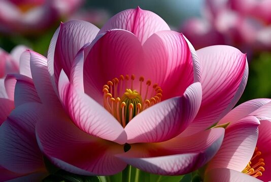 A vibrant pink lotus flower blooming in a pond, close-up view, serene environment, 0118(2).mp4 reference
