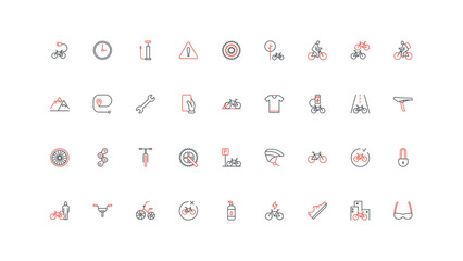 Bicycle and bike parts, tools of repair and maintenance service, cycling and gears of cyclist line icon set. Handlebar and chain, brake and pump thin black and red outline symbols vector illustration