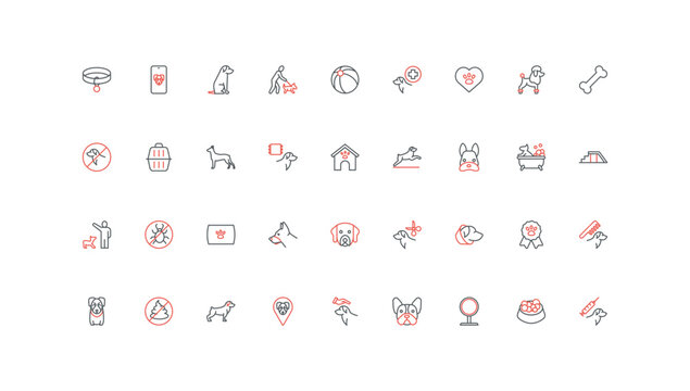 Dog care and veterinary supplies, food and toy, grooming line icon set. Location of puppy with chip, doghouse, bone and animal training, vet thin black and red outline symbols vector illustration