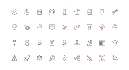 Business conference, training event for audience and workshop, knowledge from coach and mentor line icon set. Seminar presentation, career thin black and red outline symbols vector illustration