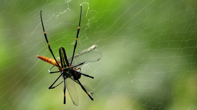 A closeup real-time wildlife video shows a giant golden orb weaver spider capturing and subduing a dragonfly after it becomes trapped in its strong silk web.
