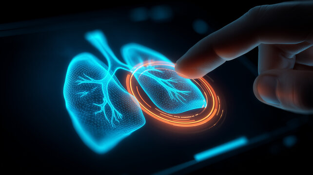 Finger selecting a holographic lung scan on a tablet, symbolizing respiratory health monitoring and medical diagnosis technology.
