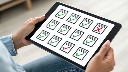 Digital Assessment: An individual interacts with a tablet displaying a series of assessment results. The scene captures the essence of digital learning, evaluation, and technology's role in education.