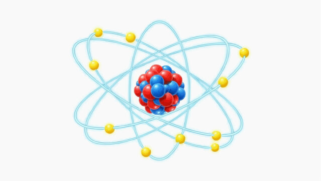 Scientific illustration depicting a fundamental atomic structure with a dense nucleus and electrons orbiting in distinct energy shells, symbolizing core principles of physics and chemistry