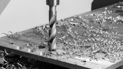 Automatic CNC drilling milling metalworking machine drills a telattical part. Industrial concept background © Aleksandr Matveev