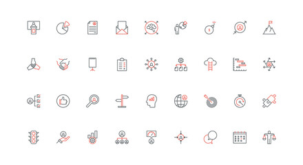 Fototapeta premium Corporate organization of company, business process management line icon set. Planning training and events, communication and hierarchy structure thin black and red outline symbols vector illustration