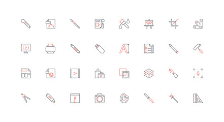 Artist and designer tool for art creation, craft hobby equipment line icon set. Stationery and materials to draw artistic picture, graphic design thin black and red outline symbols vector illustration