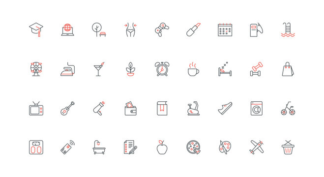 Daily schedule, everyday busy life time for work and rest in weekend, calendar line icon set. Morning routine, grocery shopping, sleep and food thin black and red outline symbols vector illustration