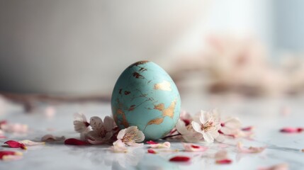 Decorative egg placed among flower petals on a marble surface