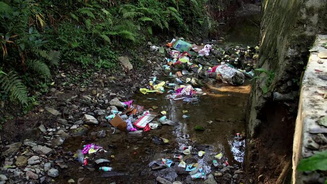 Himachal Pradesh, India &ndash; 4 December 2025:  A realistic wide-shot editorial video showing plastic waste being thrown into a natural freshwater stream in Himachal Pradesh, India.