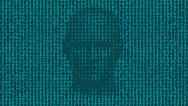 Digital human face made of teal binary digits