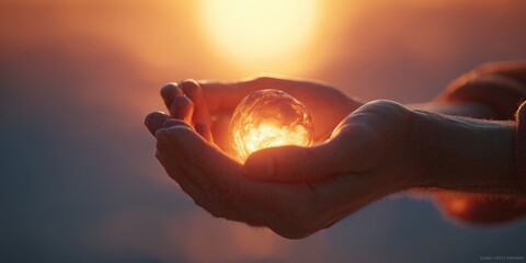 Hands Holding Embryo Against Glowing Sunset