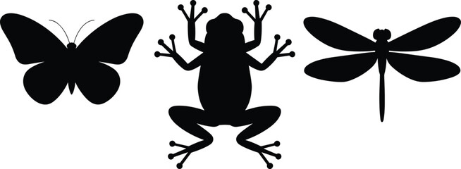Butterfly frog and dragonfly silhouette icons set, wildlife insect animal symbols collection, black vector illustration isolated.