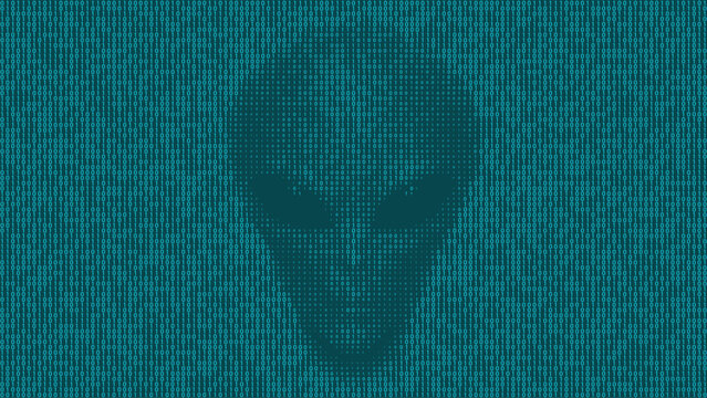 Alien head formed with teal binary digits on tech grid