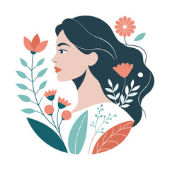 Empowered woman profile silhouette integrated with artistic floral elements for female strength logo