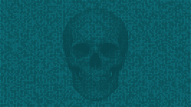 Human skull made from teal binary digits on dark screen