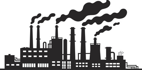 Obraz premium Industrial factory silhouette with smoke pollution, power plant emission concept icon, manufacturing industry skyline, black vector illustration.
