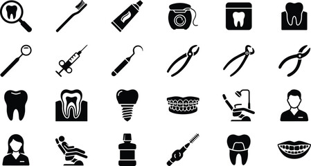Obraz premium Black and white dental care glyph icons set illustrating dentist tools hygiene products and orthodontics for medical healthcare graphic design projects