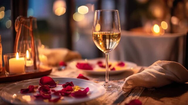 Elegant dining table set for a romantic evening with wine glass, rose petals scattered on plates, candlelight ambiance creating a warm atmosphere for a special occasion