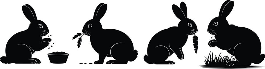 Obraz premium Rabbit silhouette set eating food and carrot, cute bunny animal icons collection, wildlife pet concept, black vector illustration.