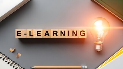 E learning concept with light bulb and educational tools