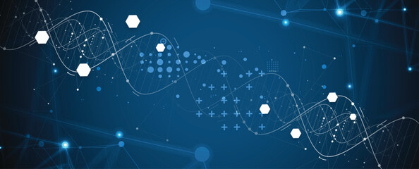 Fototapeta premium Futuristic medical and science background, DNA strands, connected neural web