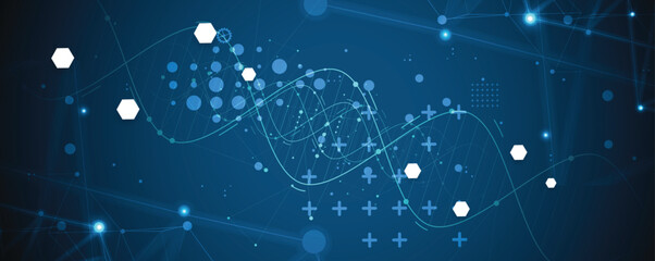 Fototapeta premium Futuristic medical and science background, DNA strands, connected neural web