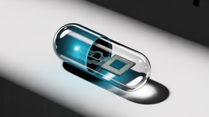 Futuristic capsule with microchip inside, representing advanced medical technology and innovation.