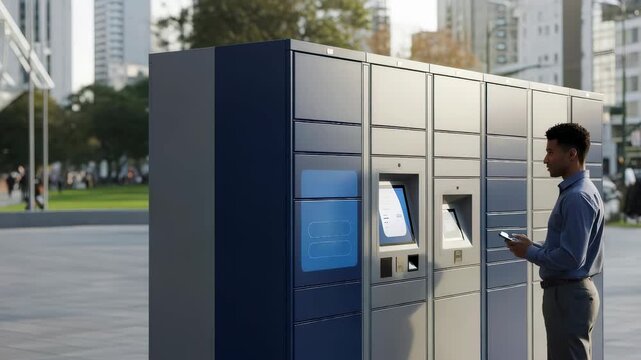 Man scans QR code on phone into smart locker while woman walks by. Package delivery concept. Automated parcel terminal.