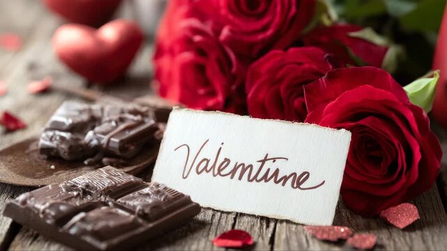 Romantic setup featuring dark chocolate, red roses, and a handwritten card with the word Valentine on a rustic wooden table, creating a festive atmosphere for love