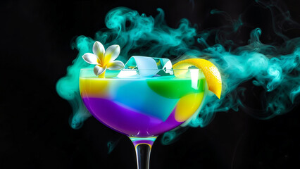 Vibrant neon purple and blue cocktail with white flower garnish and lemon twist featuring mystical teal smoke on black background
