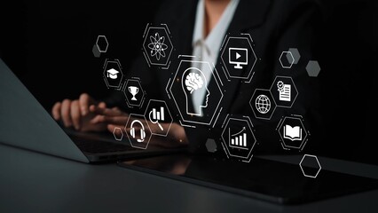 Woman Using Laptop with Virtual Education Icons and AI Symbols on Black Background for Digital Learning and Technology Concepts Gluon.