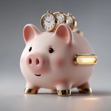 Cerdito hucha conceptual con relojes, representan el ahorro de tiempo como inversi&oacute;n de valor. Met&aacute;fora visual sobre eficiencia, neuromarketing, productividad y decisiones financieras y energ&iacute;a 