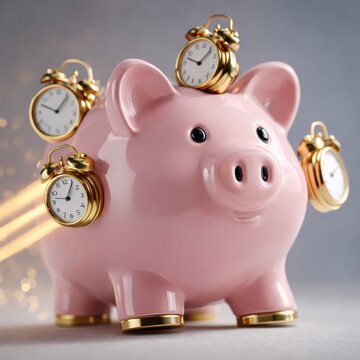 Cerdito hucha conceptual donde relojes representan el ahorro de tiempo como inversi&oacute;n de valor. Met&aacute;fora visual sobre eficiencia, neuromarketing, productividad y decisiones financieras con futuro