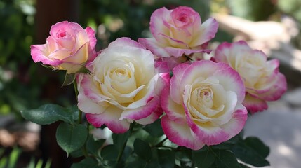Obraz premium Delicate Pink and White Roses in Full Bloom with Lush Green Foliage in a Bright Garden Setting
