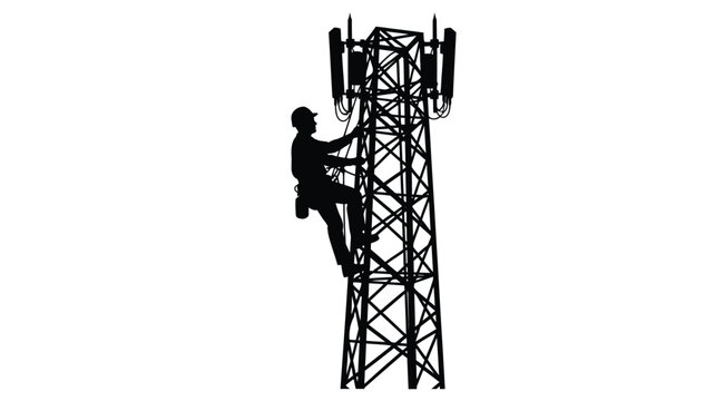 A worker climbing a cell tower detailed black silhouette