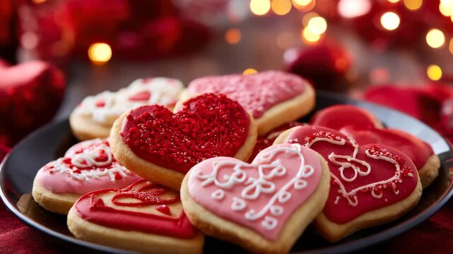 Heart-shaped cookies decorated with vibrant icing and sprinkles are arranged on a black plate against a festive backdrop, showcasing a delightful treat for Valentine's Day celebrations