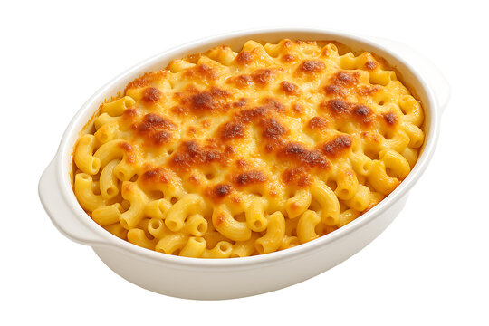 Delicious golden baked macaroni and cheese in a white dish on transparent background